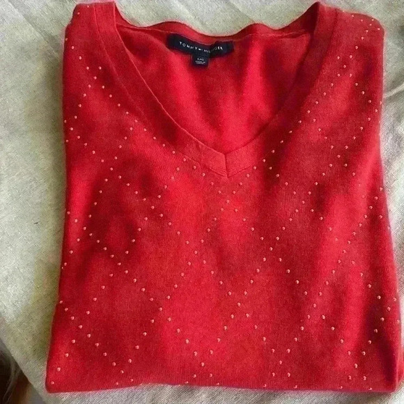 Tommy Hilfiger Red v neck sweater Large lightweight long sleeve decorative gold - Picture 10 of 10